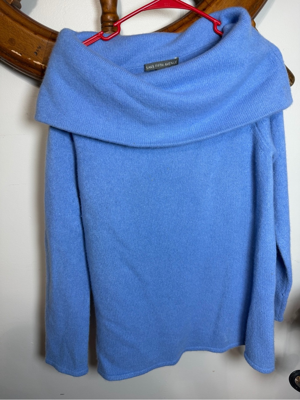 Saks Fifth Avenue Powder Blue Off-Shoulder Cashmere Turtleneck Sweater